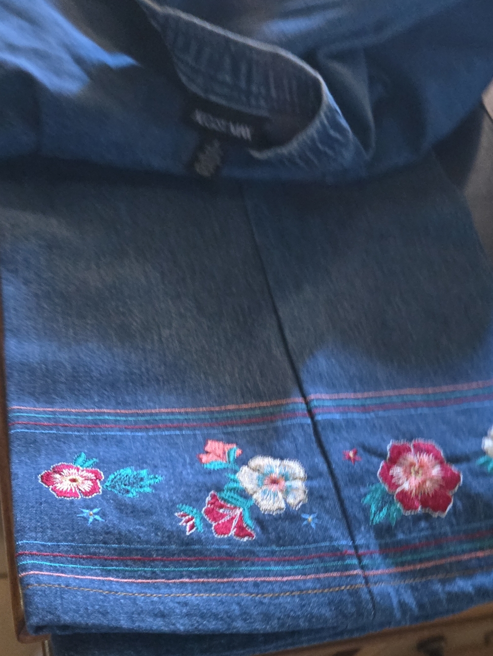 Vintage Embroidered Denim Jeans with Floral Border